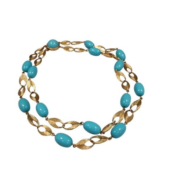 Vintage Gold-Tone & Turquoise Beaded Necklace With Matching Clip-On Earrings Set - Picture 7 of 16